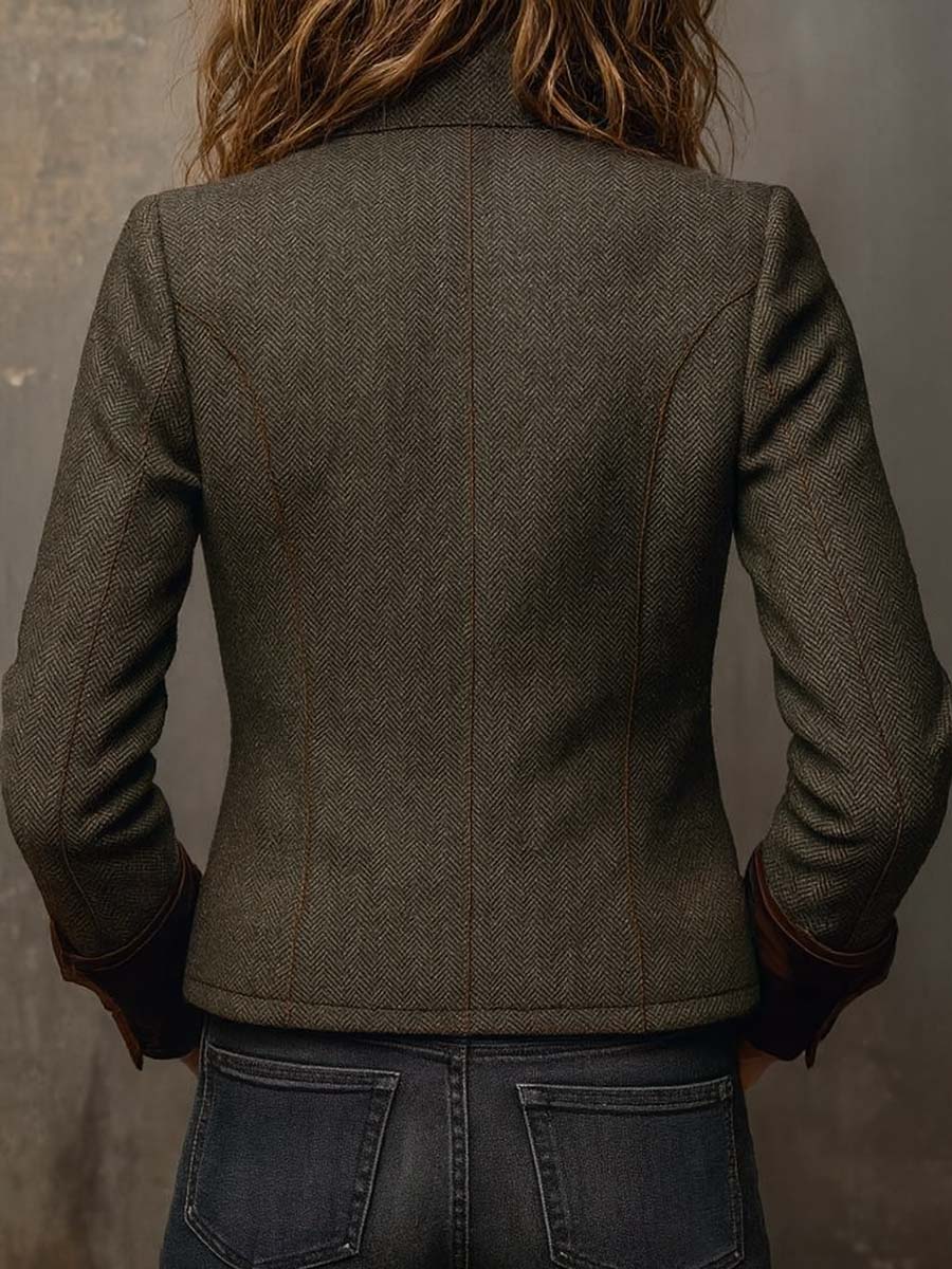 Herringbone Tweed Blazer With Velvet Trim