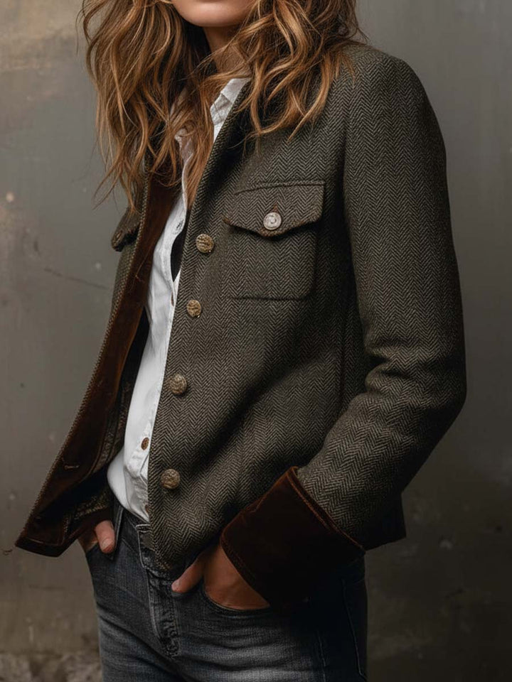 Herringbone Tweed Blazer With Velvet Trim