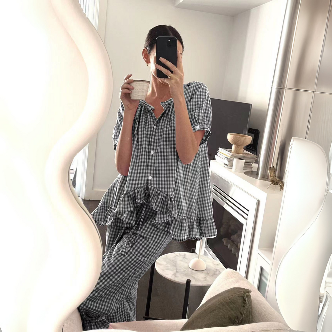 NEVERLAND™ - Casual Plaid Puff Sleeve Top and Pants Set