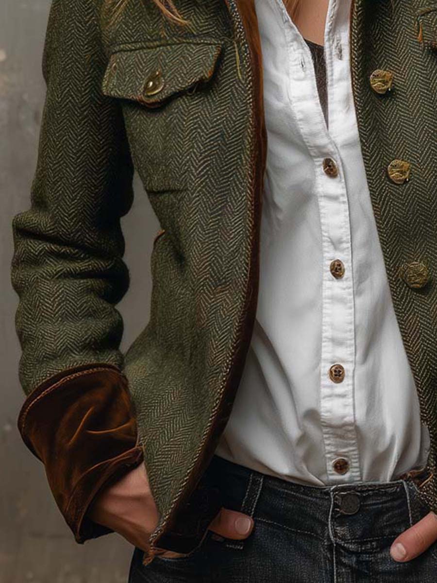 Herringbone Tweed Blazer With Velvet Trim